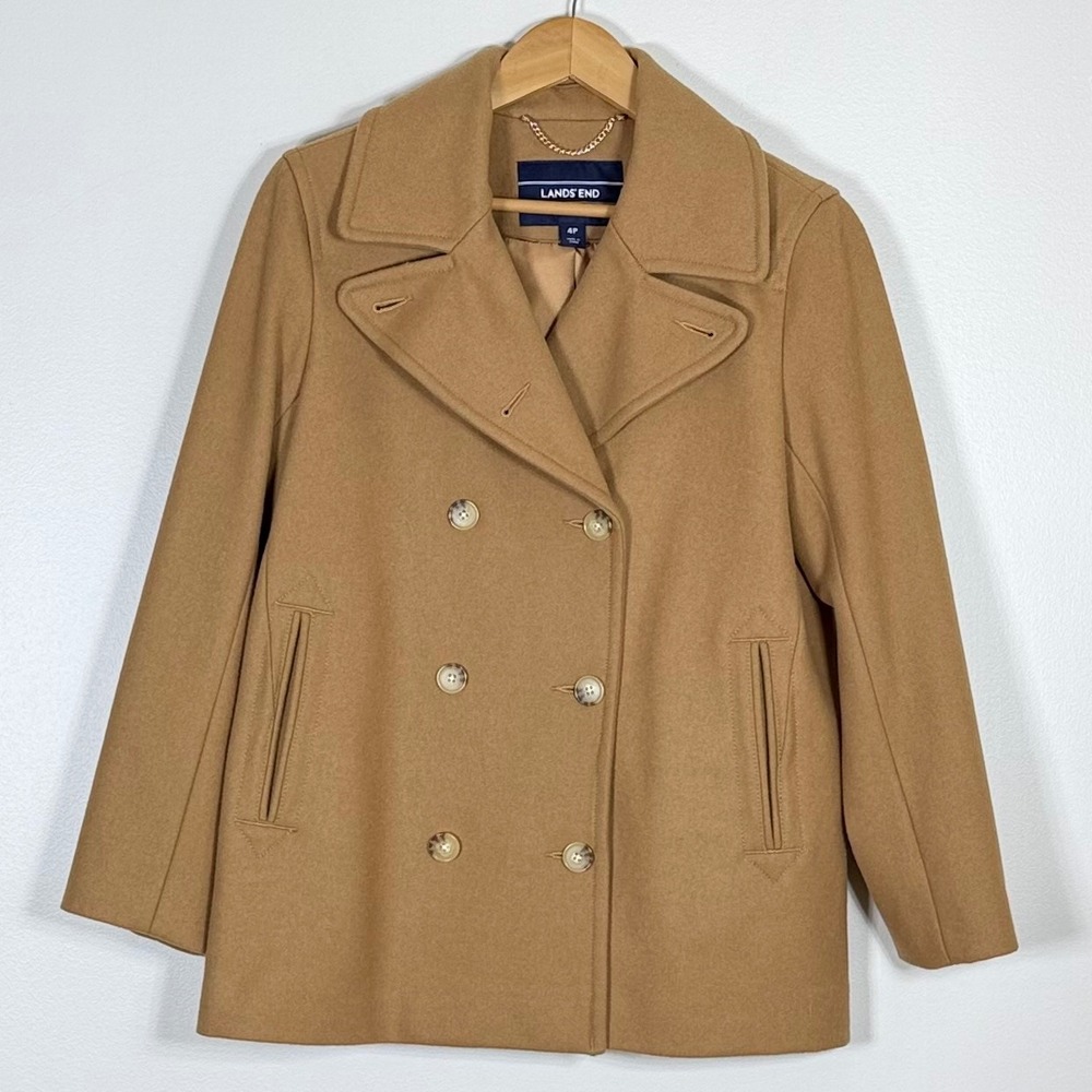 Lands End Womens Wool Blend Pea Coat 4P Camel Tan Double Breasted Old Money